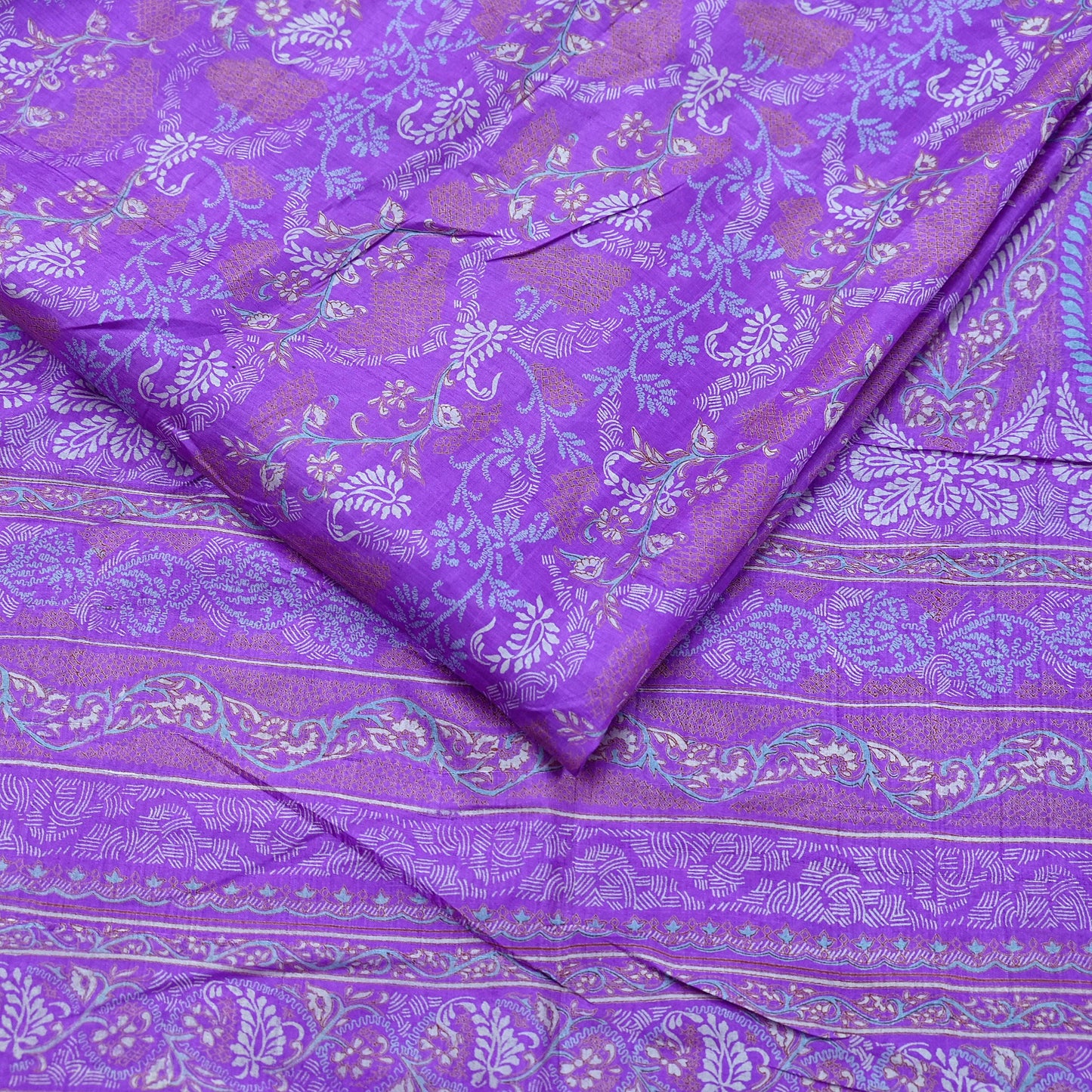 Indian Vintage Purple Pure Silk Printed Saree | 5 Yards | Soft Floral Fabric for Dressmaking, Quilting, Crafting, Sewing & Upcycling