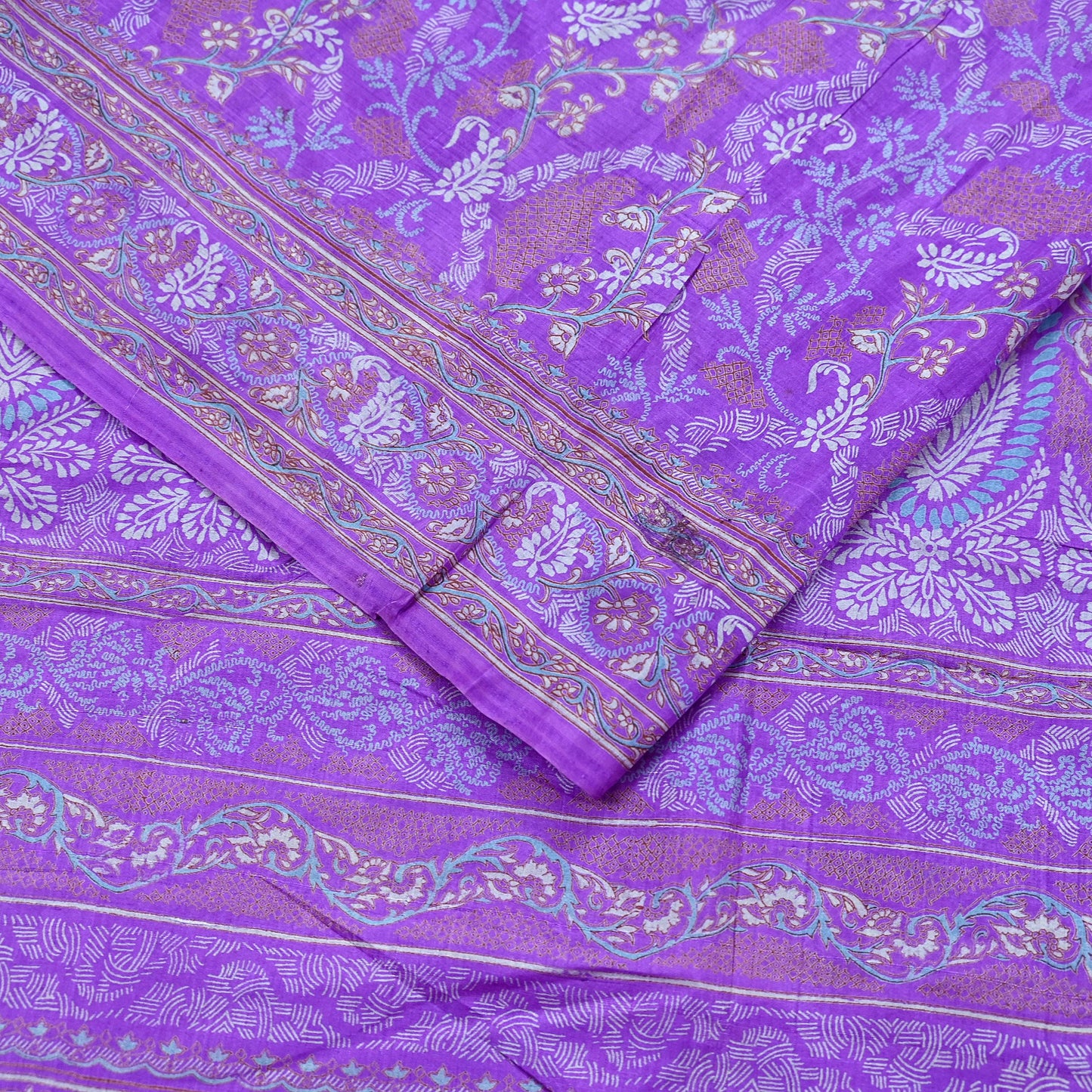 Indian Vintage Purple Pure Silk Printed Saree | 5 Yards | Soft Floral Fabric for Dressmaking, Quilting, Crafting, Sewing & Upcycling