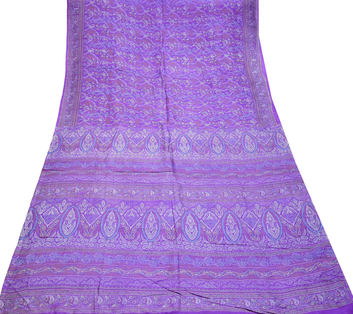 Indian Vintage Purple Pure Silk Printed Saree | 5 Yards | Soft Floral Fabric for Dressmaking, Quilting, Crafting, Sewing & Upcycling