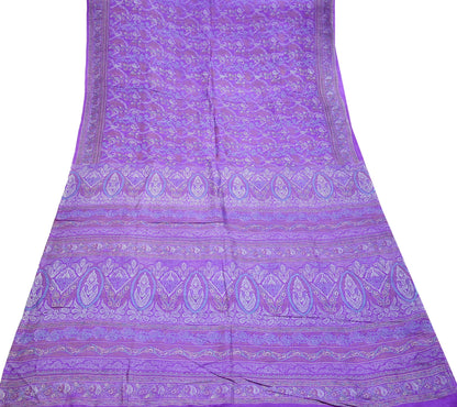 Indian Vintage Purple Pure Silk Printed Saree | 5 Yards | Soft Floral Fabric for Dressmaking, Quilting, Crafting, Sewing & Upcycling