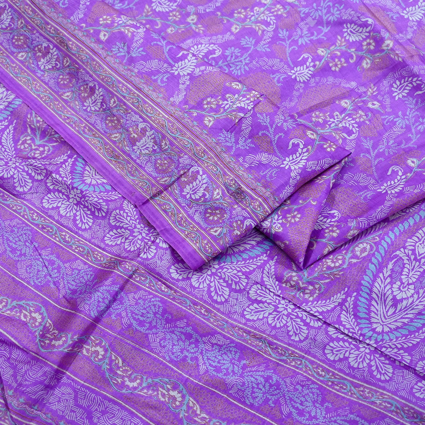 Indian Vintage Purple Pure Silk Printed Saree | 5 Yards | Soft Floral Fabric for Dressmaking, Quilting, Crafting, Sewing & Upcycling