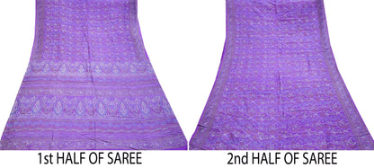 Indian Vintage Purple Pure Silk Printed Saree | 5 Yards | Soft Floral Fabric for Dressmaking, Quilting, Crafting, Sewing & Upcycling