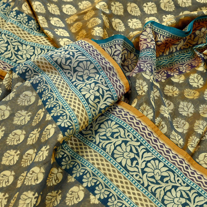 Indian Vintage Heavy Beige & Green Hand Woven Saree 100% Pure Silk Sari 5Yard Floral Dress making Crafting Quilting Upcycle