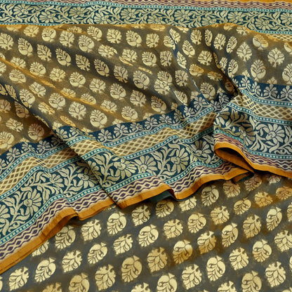 Indian Vintage Heavy Beige & Green Hand Woven Saree 100% Pure Silk Sari 5Yard Floral Dress making Crafting Quilting Upcycle