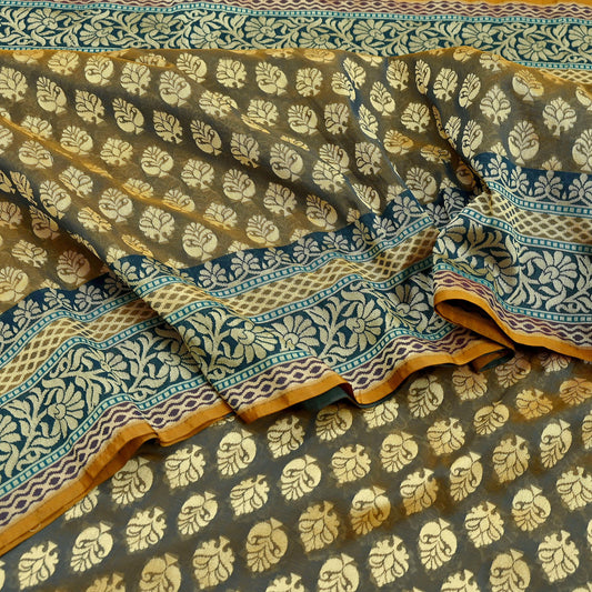 Indian Vintage Heavy Beige & Green Hand Woven Saree 100% Pure Silk Sari 5Yard Floral Dress making Crafting Quilting Upcycle