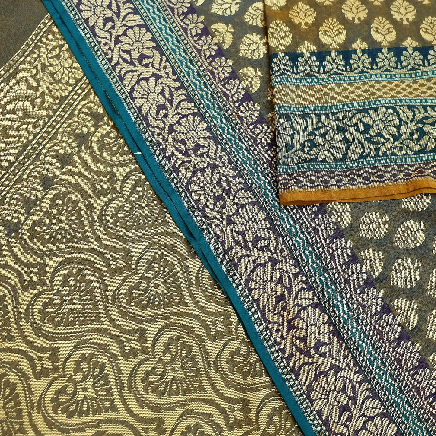 Indian Vintage Heavy Beige & Green Hand Woven Saree 100% Pure Silk Sari 5Yard Floral Dress making Crafting Quilting Upcycle