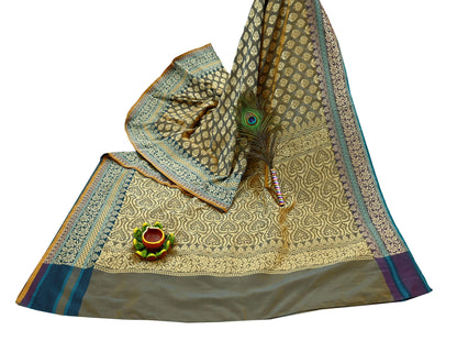 Indian Vintage Heavy Beige & Green Hand Woven Saree 100% Pure Silk Sari 5Yard Floral Dress making Crafting Quilting Upcycle