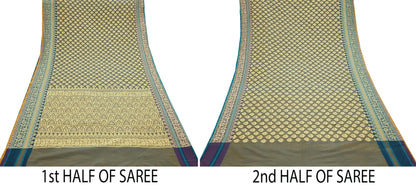 Indian Vintage Heavy Beige & Green Hand Woven Saree 100% Pure Silk Sari 5Yard Floral Dress making Crafting Quilting Upcycle
