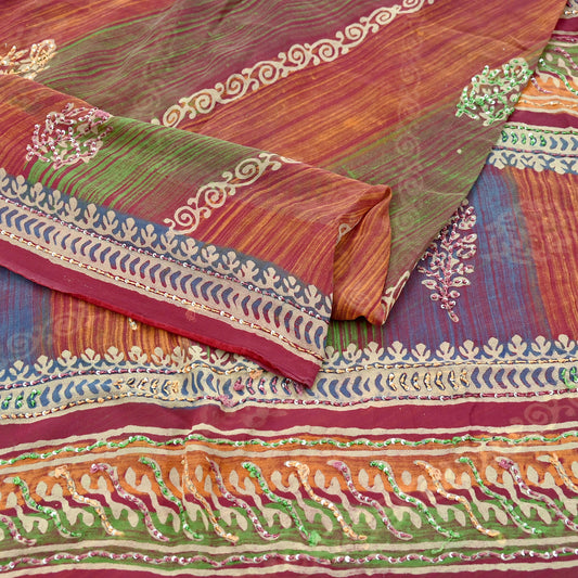 Indian Vintage Sari Multi Hand Embroidered 100% Pure Georgette Silk Saree Craft Fabric 5Yd Ethnic Soft Dress making For Crafting Quilting