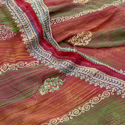 Indian Vintage Sari Multi Hand Embroidered 100% Pure Georgette Silk Saree Craft Fabric 5Yd Ethnic Soft Dress making For Crafting Quilting
