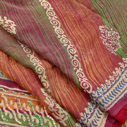 Indian Vintage Sari Multi Hand Embroidered 100% Pure Georgette Silk Saree Craft Fabric 5Yd Ethnic Soft Dress making For Crafting Quilting