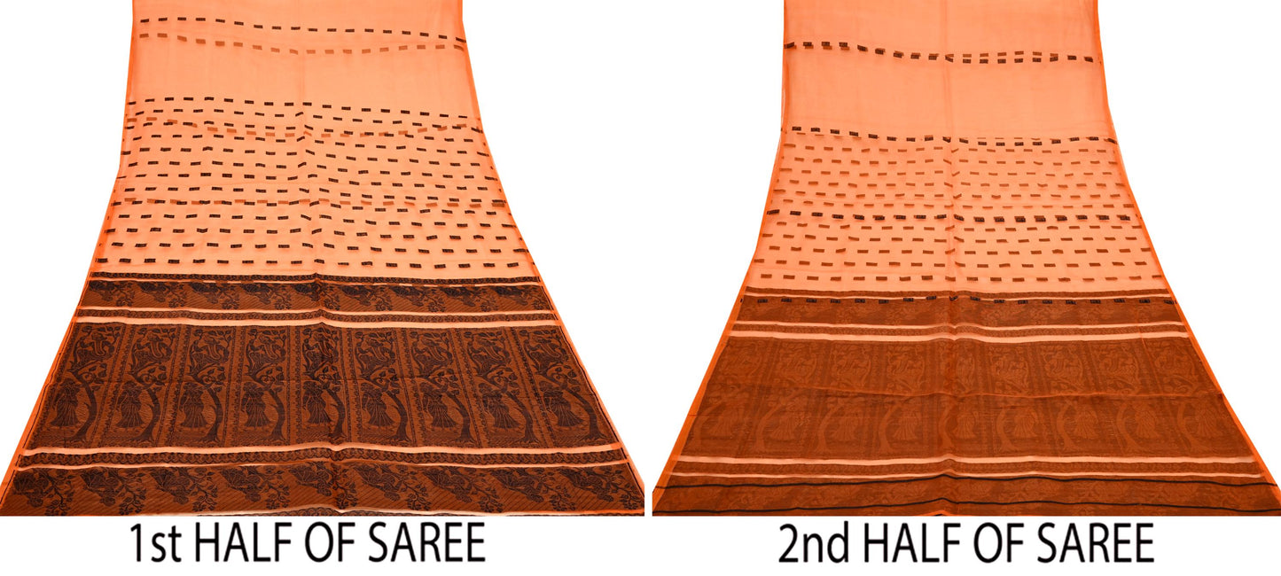 Indian Vintage Sari Orange Hand Woven Saree Organza Craft Fabric 6Yd Ethnic Sewing Geometric Zari Crafting Quilting Upcycle Dress making