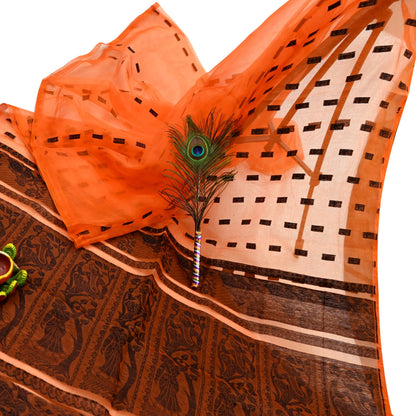 Indian Vintage Sari Orange Hand Woven Saree Organza Craft Fabric 6Yd Ethnic Sewing Geometric Zari Crafting Quilting Upcycle Dress making