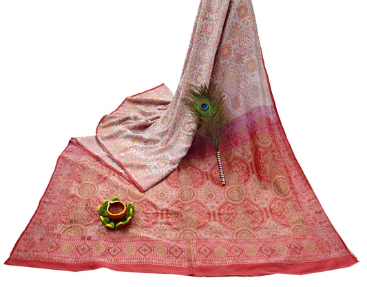 Indian Vintage Sari Peach & Cream 100% Pure Silk Hand Woven Sarees Craft Fabric 5Yd Ethnic Sewing Dress making Crafting Quilting Upcycle