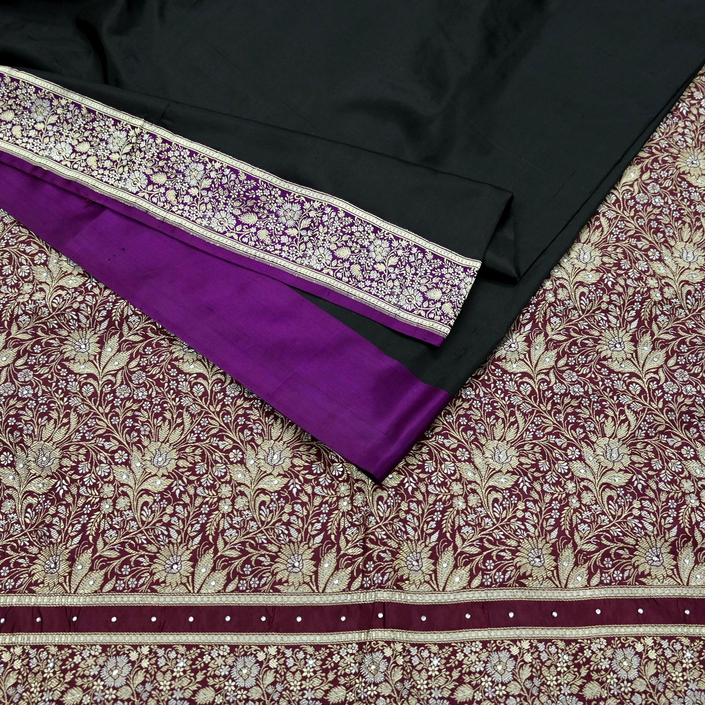Indian Vintage Sari Purple & Black Mysore Silk Woven Saree Zari Border 5 Yards Soft Craft Fabric Upcycle, Quilting, Dressmaking