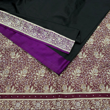 Indian Vintage Sari Purple & Black Mysore Silk Woven Saree Zari Border 5 Yards Soft Craft Fabric Upcycle, Quilting, Dressmaking