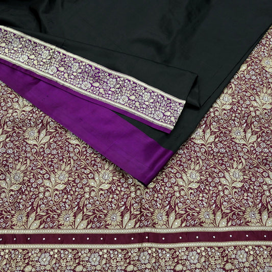 Indian Vintage Sari Purple & Black Mysore Silk Woven Saree Zari Border 5 Yards Soft Craft Fabric Upcycle, Quilting, Dressmaking
