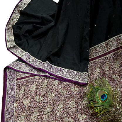 Indian Vintage Sari Purple & Black Mysore Silk Woven Saree Zari Border 5 Yards Soft Craft Fabric Upcycle, Quilting, Dressmaking