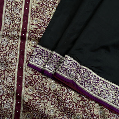 Indian Vintage Sari Purple & Black Mysore Silk Woven Saree Zari Border 5 Yards Soft Craft Fabric Upcycle, Quilting, Dressmaking