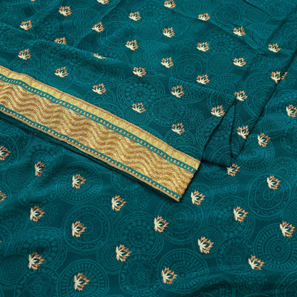 Indian Vintage Sari Green Pure Crepe Silk Hand Embroidered Saree 5yard Sewing Floral Craft Fabric Sequins Zari