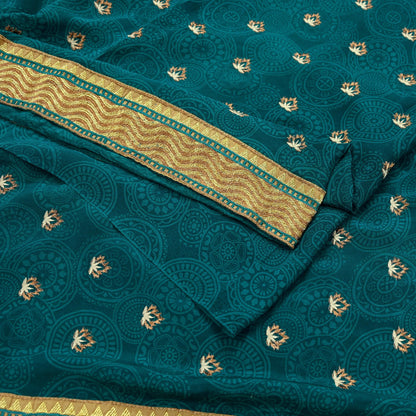 Indian Vintage Sari Green Pure Crepe Silk Hand Embroidered Saree 5yard Sewing Floral Craft Fabric Sequins Zari