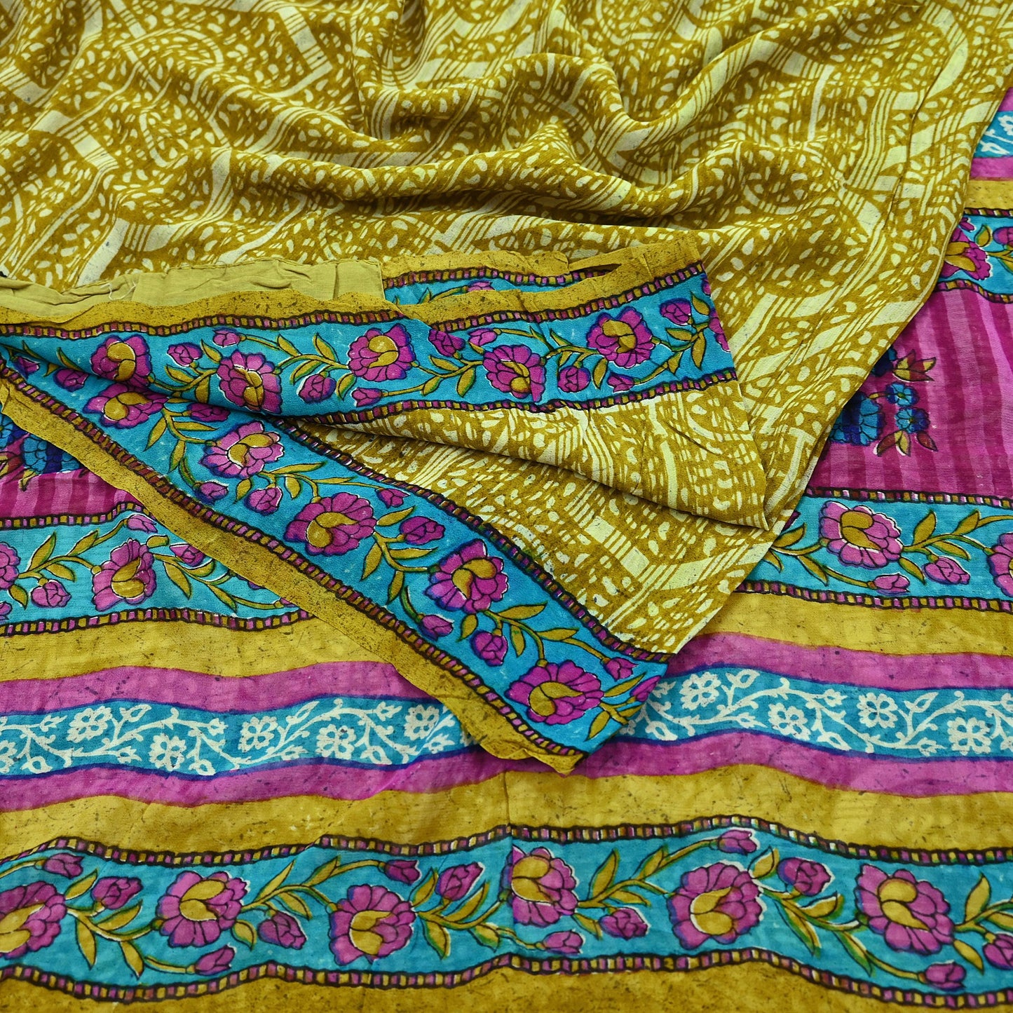 Indian Vintage Sari Green & Purple Pure Georgette Silk Printed Sarees 5Yd Craft Fabric Sewing Quilting Dress making Crafting Dress Designing