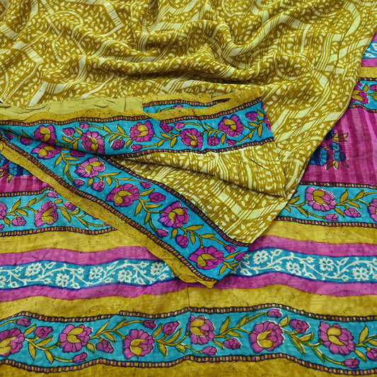 Indian Vintage Sari Green & Purple Pure Georgette Silk Printed Sarees 5Yd Craft Fabric Sewing Quilting Dress making Crafting Dress Designing