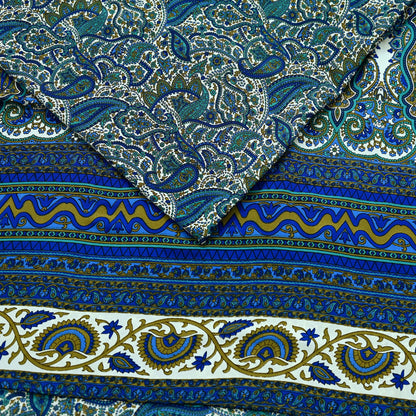 Indian Vintage Blue & White Moss Crepe Saree Printed Floral Sari Fabric 5 Yards Soft Fabric for Sewing, Dressmaking, Quilting,Upcycling