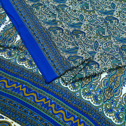 Indian Vintage Blue & White Moss Crepe Saree Printed Floral Sari Fabric 5 Yards Soft Fabric for Sewing, Dressmaking, Quilting,Upcycling
