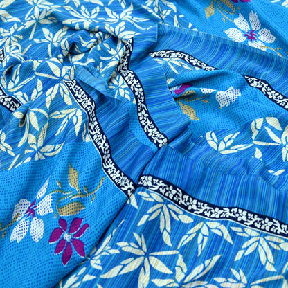 Indian Vintage Blue Moss Crepe Saree Printed Floral Sari Fabric 6 Yards Soft Craft Fabric for Sewing, Dressmaking, Quilting,Upcycling