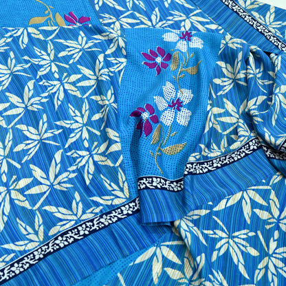 Indian Vintage Blue Moss Crepe Saree Printed Floral Sari Fabric 6 Yards Soft Craft Fabric for Sewing, Dressmaking, Quilting,Upcycling