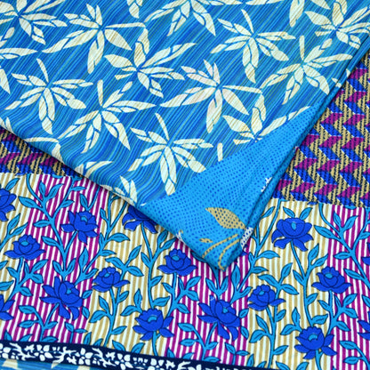 Indian Vintage Blue Moss Crepe Saree Printed Floral Sari Fabric 6 Yards Soft Craft Fabric for Sewing, Dressmaking, Quilting,Upcycling