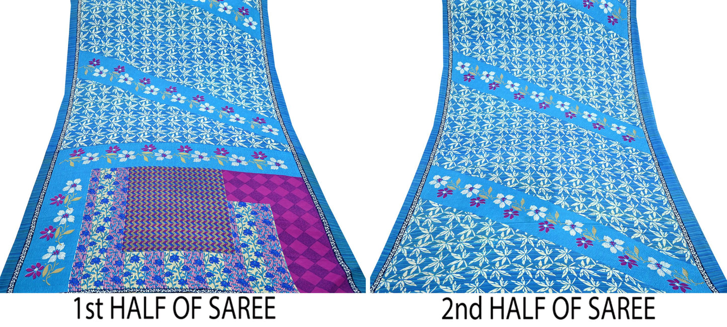 Indian Vintage Blue Moss Crepe Saree Printed Floral Sari Fabric 6 Yards Soft Craft Fabric for Sewing, Dressmaking, Quilting,Upcycling