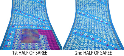 Indian Vintage Blue Moss Crepe Saree Printed Floral Sari Fabric 6 Yards Soft Craft Fabric for Sewing, Dressmaking, Quilting,Upcycling