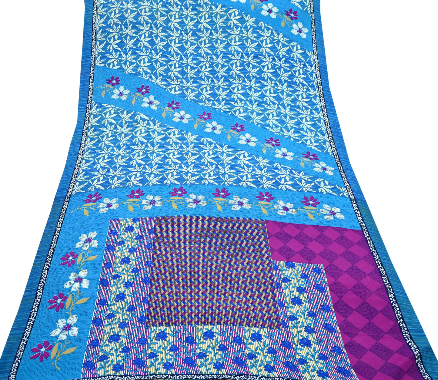 Indian Vintage Blue Moss Crepe Saree Printed Floral Sari Fabric 6 Yards Soft Craft Fabric for Sewing, Dressmaking, Quilting,Upcycling