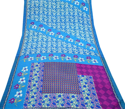 Indian Vintage Blue Moss Crepe Saree Printed Floral Sari Fabric 6 Yards Soft Craft Fabric for Sewing, Dressmaking, Quilting,Upcycling