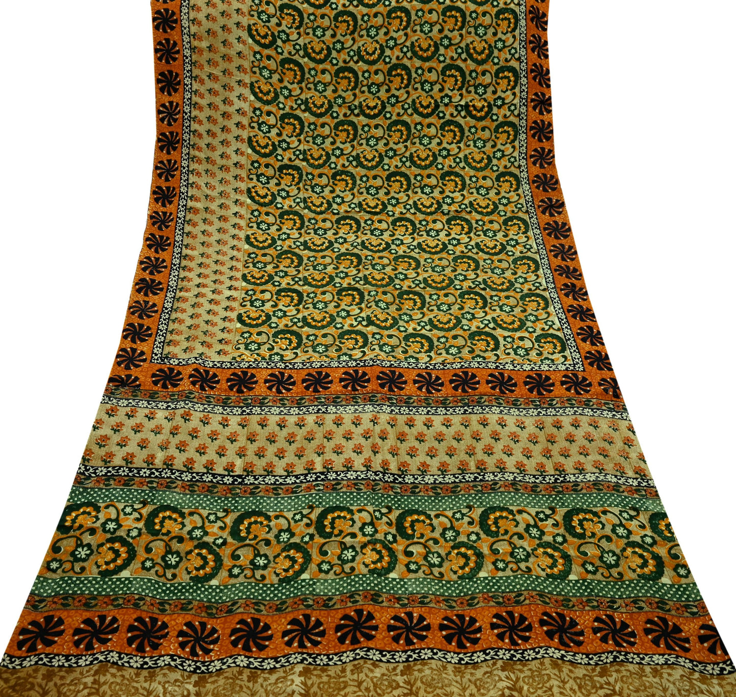 Indian Vintage Sari Green Pure Crepe Silk Printed Sarees 5yd Sewing Floral Soft Craft Fabric Wrap Dress Making Crafting Quilting Upcycle