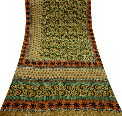 Indian Vintage Sari Green Pure Crepe Silk Printed Sarees 5yd Sewing Floral Soft Craft Fabric Wrap Dress Making Crafting Quilting Upcycle