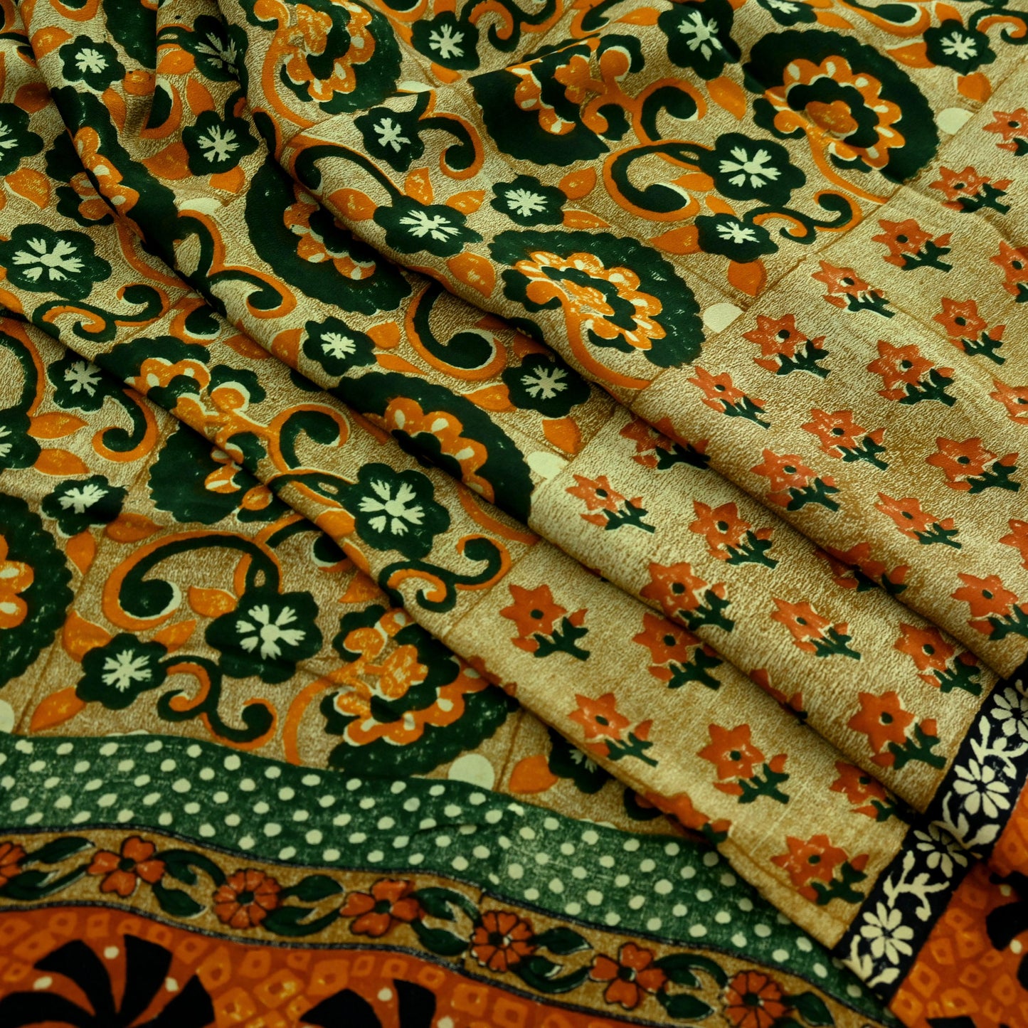 Indian Vintage Sari Green Pure Crepe Silk Printed Sarees 5yd Sewing Floral Soft Craft Fabric Wrap Dress Making Crafting Quilting Upcycle