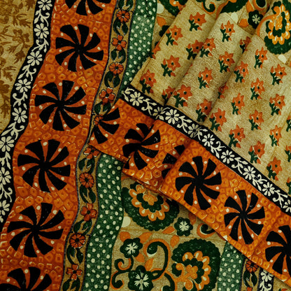 Indian Vintage Sari Green Pure Crepe Silk Printed Sarees 5yd Sewing Floral Soft Craft Fabric Wrap Dress Making Crafting Quilting Upcycle