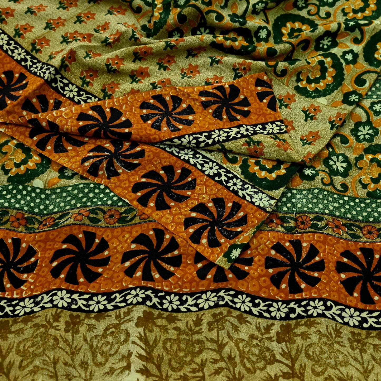 Indian Vintage Sari Green Pure Crepe Silk Printed Sarees 5yd Sewing Floral Soft Craft Fabric Wrap Dress Making Crafting Quilting Upcycle