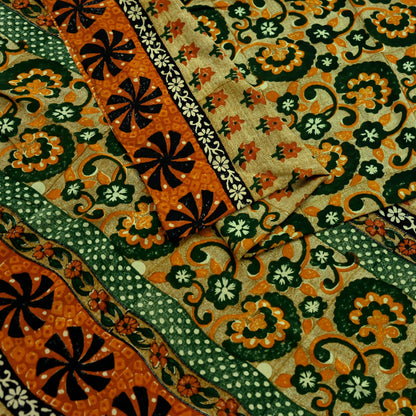 Indian Vintage Sari Green Pure Crepe Silk Printed Sarees 5yd Sewing Floral Soft Craft Fabric Wrap Dress Making Crafting Quilting Upcycle