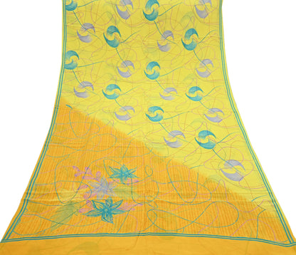 Indian Vintage Sari Yellow & Saffron Pure Crepe Silk Printed Saree 5yard Sewing Floral Craft Fabric Wrap