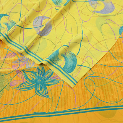 Indian Vintage Sari Yellow & Saffron Pure Crepe Silk Printed Saree 5yard Sewing Floral Craft Fabric Wrap