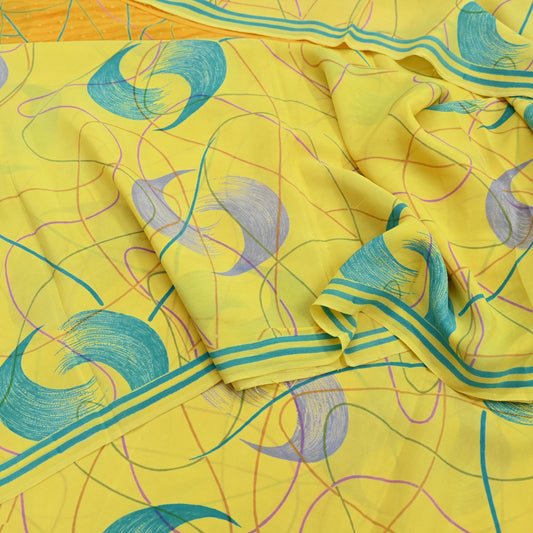 Indian Vintage Sari Yellow & Saffron Pure Crepe Silk Printed Saree 5yard Sewing Floral Craft Fabric Wrap