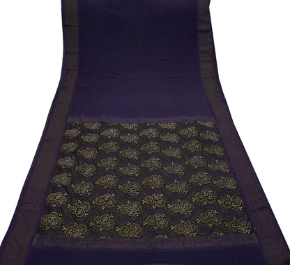 Indian Vintage Sari Purple Embroidered Pure Georgette Silk Sarees Craft Fabric 5Yd Ethnic Woven Zari Quilting Crafting Upcycle Dressmaking