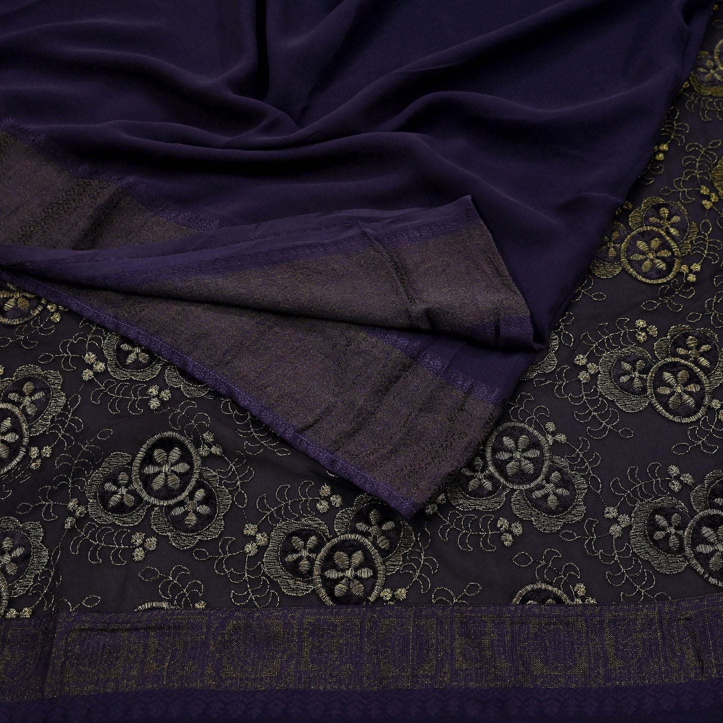 Indian Vintage Sari Purple Embroidered Pure Georgette Silk Sarees Craft Fabric 5Yd Ethnic Woven Zari Quilting Crafting Upcycle Dressmaking