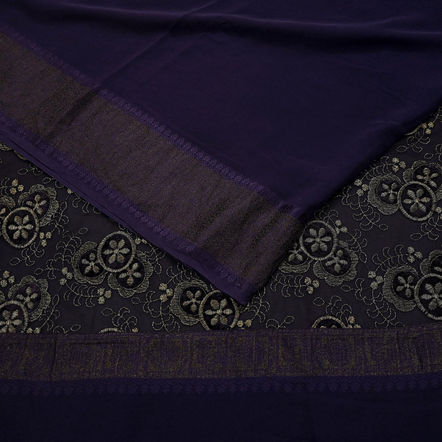 Indian Vintage Sari Purple Embroidered Pure Georgette Silk Sarees Craft Fabric 5Yd Ethnic Woven Zari Quilting Crafting Upcycle Dressmaking