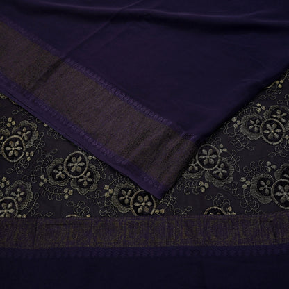 Indian Vintage Sari Purple Embroidered Pure Georgette Silk Sarees Craft Fabric 5Yd Ethnic Woven Zari Quilting Crafting Upcycle Dressmaking