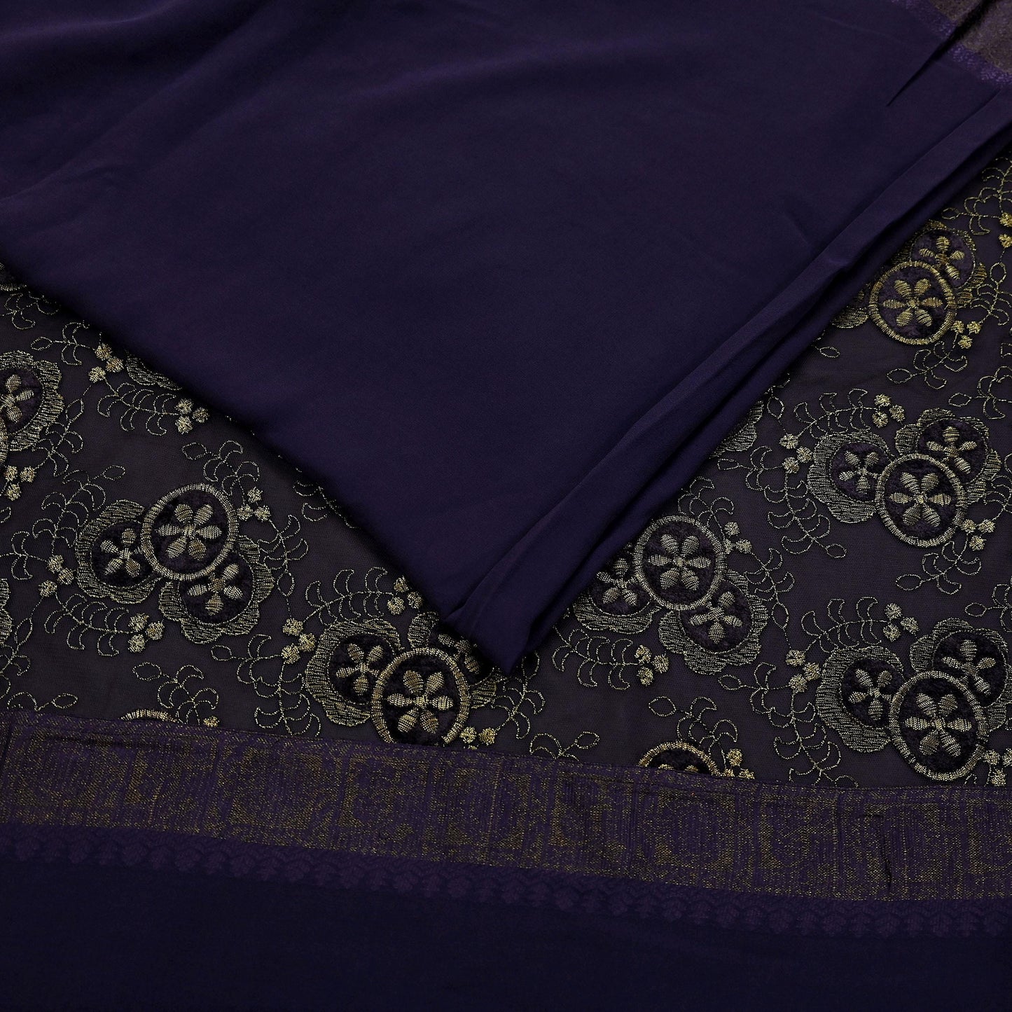 Indian Vintage Sari Purple Embroidered Pure Georgette Silk Sarees Craft Fabric 5Yd Ethnic Woven Zari Quilting Crafting Upcycle Dressmaking
